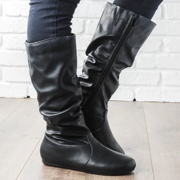 New Black Slouchy Mid-Calf Flat Riding Boots - Picture 1 of 3
